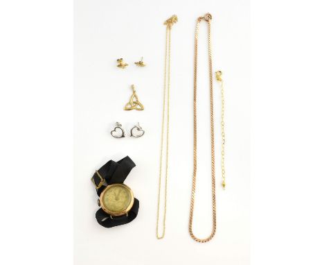 Mixed group of gold items, necklace, measuring 39 cm with bolt ring clasp, Celtic pendant, stud earrings, ladies wristwatch, 