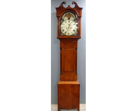 19th century oak longcase clock , the arched dial painted with the moon, a galleon and a church, signed, the face with subsid