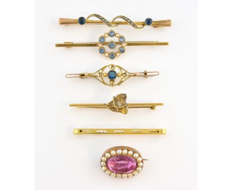 Collection of six Victorian and later bar brooches, oval cut pink topaz, estimated weight 5.69 carats, surrounded by white se