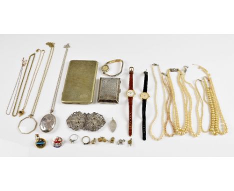 Group of silver and costume jewellery, an Edwardian silver buckle, hallmarked 1902, silver oval locket and chain, 1920's silv