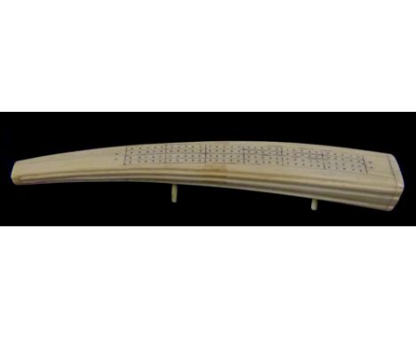 19th century walrus tusk carved cribbage board, 31cm  long,.    