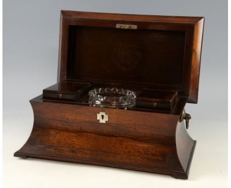 Early 19th century rosewood two canister tea caddy with central glass bowl. 22cm high x 35cm wide x 22cm deep.    