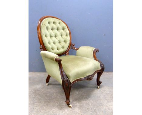 Victorian mahogany framed and upholstered button back chair on carved scrolled legs, H96 cm's .    