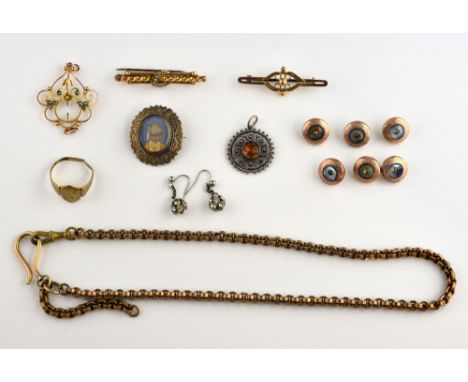 Portrait brooch with hand painted depiction of an Indian boy, and a group of gold and yellow metal items  including an Edward