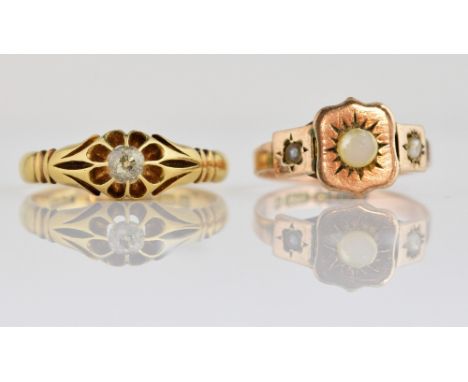 Victorian ring set with old cut diamond in daisy setting, 18 ct,  hallmarked Birmingham 1901, and a 9 ct ring set with pearl,