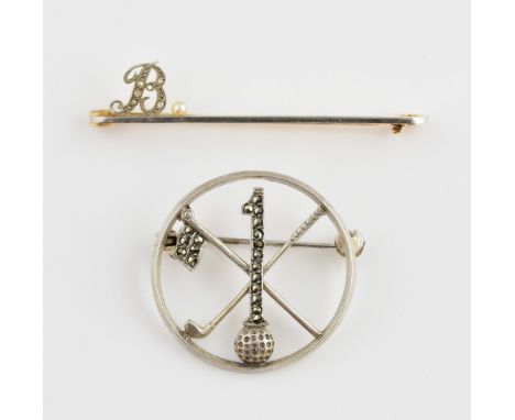 Diamond set B bar brooch, five rose cut diamonds, with one white round pearl, mounted in white and yellow metal testing as 14