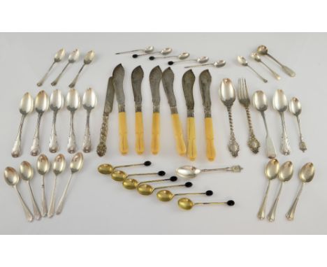 Set of six Victorian silver and ivory handled fish knives, Sheffield, 1870, Christening fork and spoon and a selection of tea