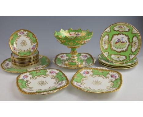 Coalport part dessert service painted with bouquets of flowers wtihin apple green and gilt borders comprising three square sh