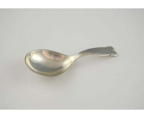 Danish silver caddy spoon, with scrolling terminal and plain bowl, rubbed marks for Sigmundsson, 10 cm long, 20 g. .    