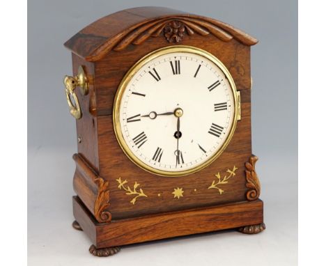 Early 19th century rosewood mantle clock with brass inlay, eight day single train fusee movement. 29cm high.    