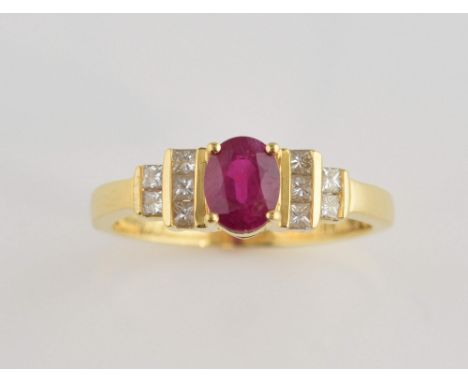 Ruby and diamond dress ring, central oval cut ruby, estimated weight 1.00 carat, set with princess cut diamond shoulders, mou