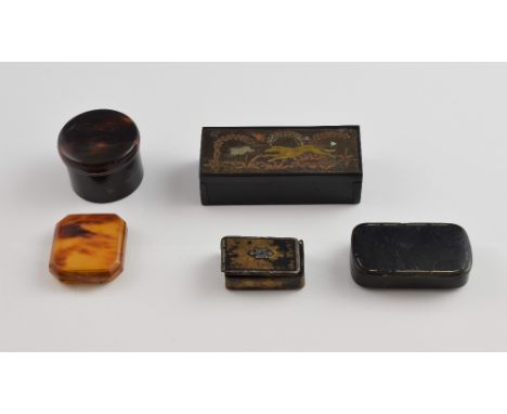 19th century ebony snuff box top inlaid with a hunting scene,  10cm wide and four others.    