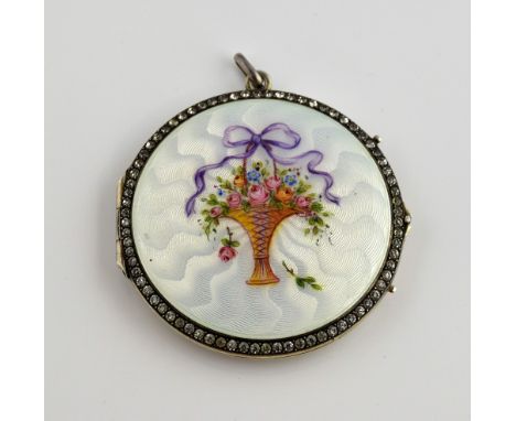 Edwardian enamel compact pendant, white guilloche enamel, decorated with basket of flowers, surmounted by a bow, set within a