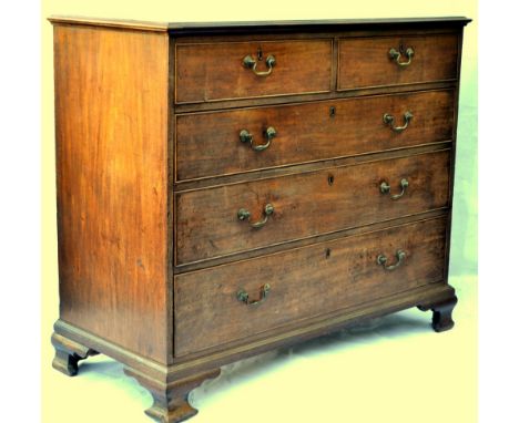 19th century mahogany chest of two short and three graduated long drawers on ogee bracket feet, 128cm x 55cm x 107cm.    