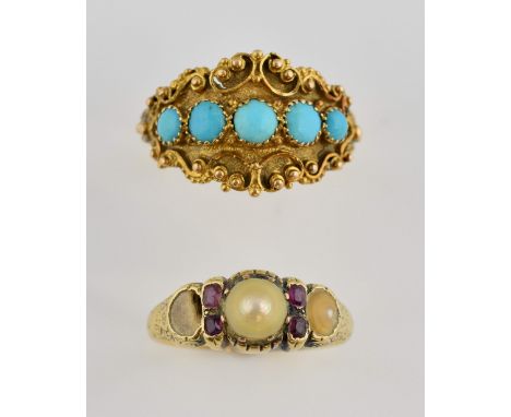 Victorian turquoise set ring, five round cabochon cut  stones  in a row, surrounded by scroll design, size and pearl and ruby
