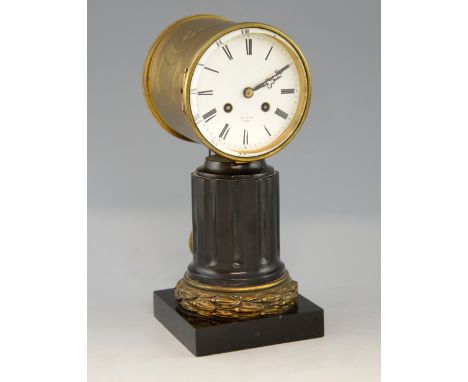 19th century French drum clock on a black marble column and ormolu base, the white enamel face signed Hry Marc, Paris. 29.5cm