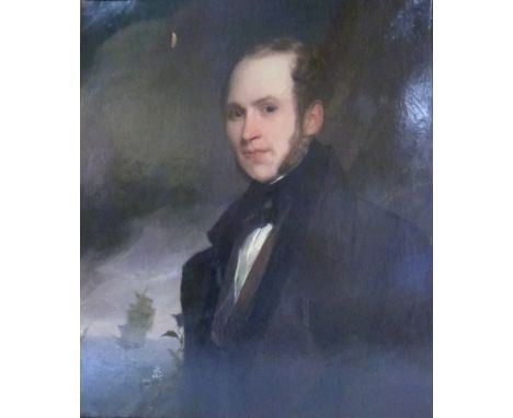 School of George Chinnery, half-length portrait of a gentleman with a sailing ship and cliffs behind, unsigned, oil on canvas