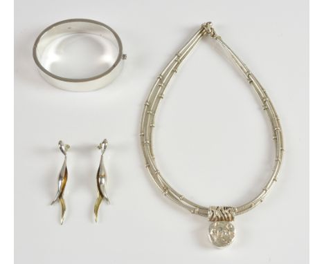 A pair of carob bean silver earrings designed by John R Fox, fox mark stamp and hallmark, a Folli Follie necklace and plain b