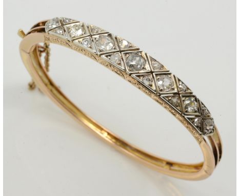 Victorian diamond set bangle, old cut diamonds, estimated total diamond weight 2.05 carats, estimated colour I-K and clarity 