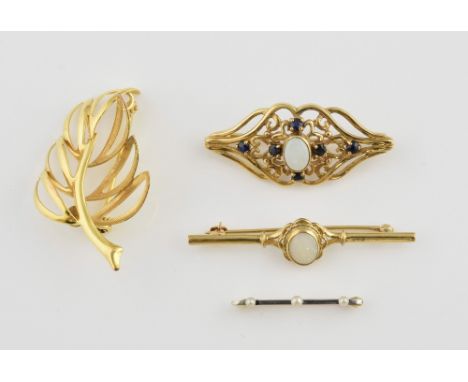 Collection of four brooches, seed pearl bar brooch, mounted on white and yellow metal stamped platinum and 15 ct, with a text