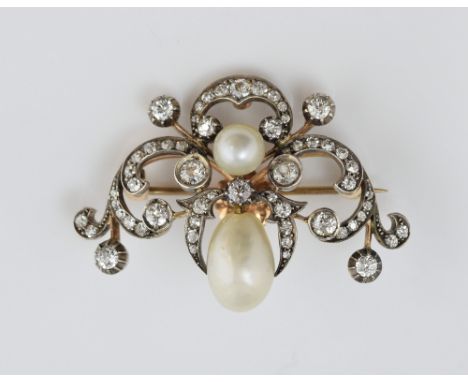 Late Victorian natural pearl and brooch, top oval white natural pearl, with round white pearl and old cut diamonds, set in un