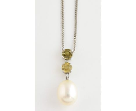 Yellow sapphire and pearl drop pendant, two round cut sapphires, estimated total weight 1.22 carats, alternately set with rou