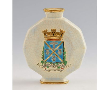 Longwy pottery vase enamelled with the coast of arms for Issy-Les-Moulineaux, 19.5cm high,.    