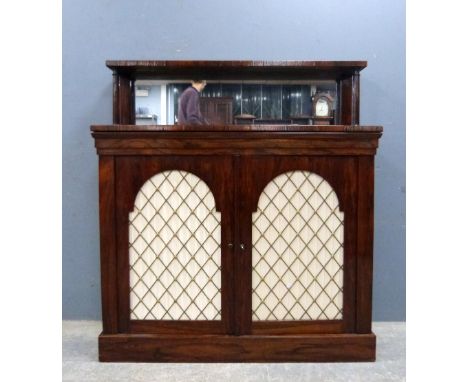 19th century rosewood chiffonier with raised mirror back above two cupboard doors, 120cm x 110cm .    Overall condition good 