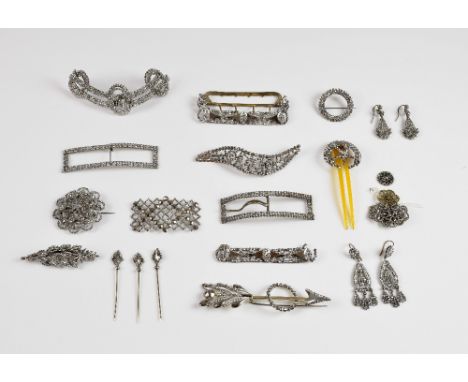 Cut steel collection, two pairs of Georgian tear drop shaped earrings, with hook fittings, three buckles, four brooches, thre