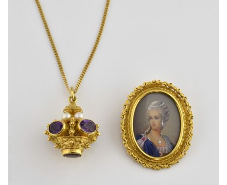 Oval portrait brooch pendant, portrait of a lady with stone set detail, mounted in scrolled frame, with hinged bail and pin a