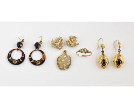 Victorian earrings, a pair of pique tortoiseshell earrings, others with seed pearl and garnet, and a paste and  pearl set rin