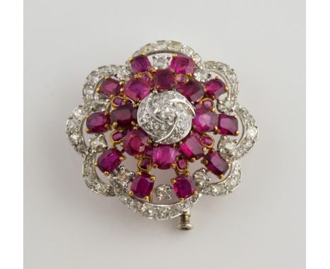 Vintage diamond and ruby brooch, oval cut rubies and old cut diamonds, mounted in yellow and white metal testing as 18 ct pla