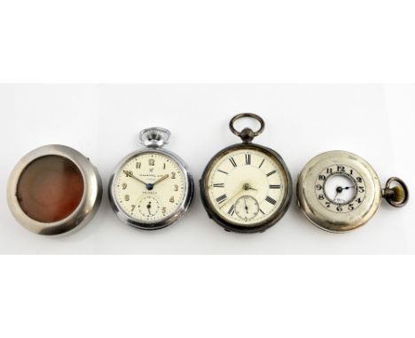 Three pocket watches, silver cased pocket watch, white enamel dial with Roman numerals and subsidiary dial, hallmarked Birmin