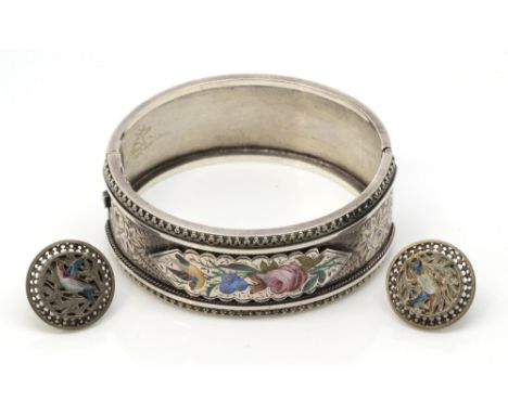 Victorian bangle, ornate engraving and enamel decorated plaque with floral and rose decoration, bangle 5.8 cm diameter, in wh