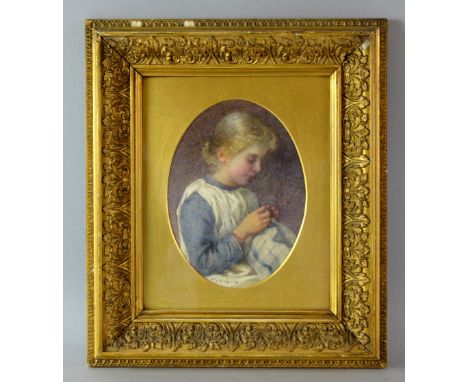 Margaret R Hickson (active 1879-1922), Working for my Lady, watercolour of young girl sewing, signed M Hickson, 17cm x 12.5cm