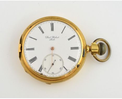 Gold full hunter pocket watch, white enamel dial with Roman numerals and subsidiary dial, movement, dial and case signed Paul