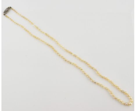 French graduated seed pearl necklace, with diamond clasp largest central pearl measuring  5mm in diameter, strung with knots,