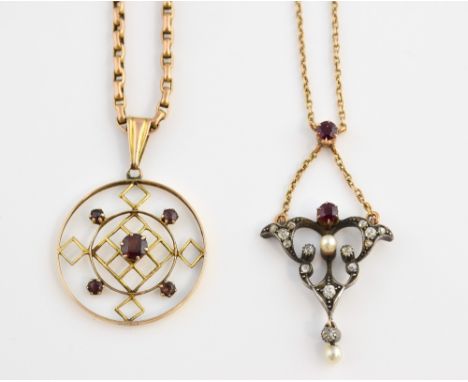 Two Edwardian pendants, old cut diamond ruby and pearl pendant, on integrated chain, mounted in white and yellow metal testin