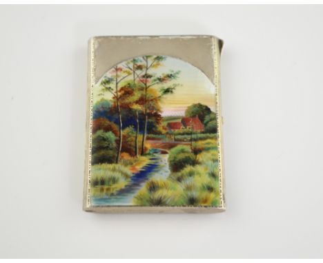 George V silver and enamel card case, with country scene to cover and engine turned back, by AJ, import marks for London 1928