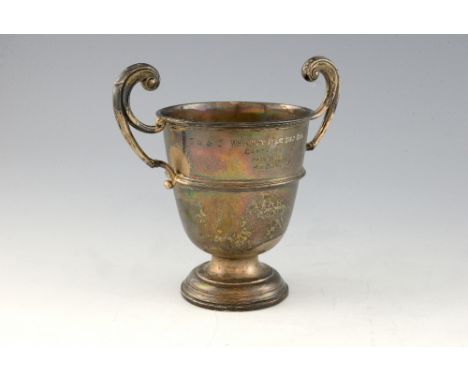 George V silver engraved golf trophy cup, by William Hutton & Sons Ltd., Birmingham, 1927, 12.5oz, 388g, on ebonised turned w