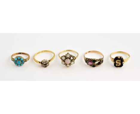 Collection of gem set rings, Victorian garnet and green paste stone ring, mounted in 12 ct, size N half, turquoise cluster ri