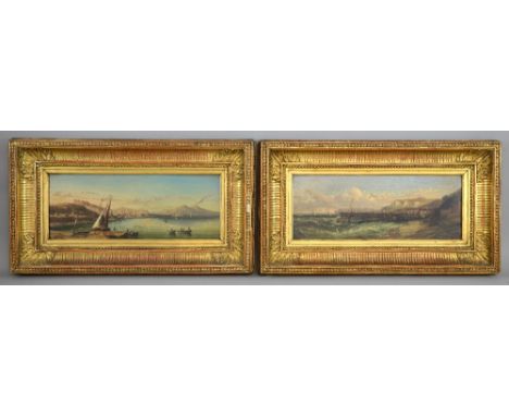 19th century Italian School, view of Vesuvius with boats and town in the foreground, and a coastal scene with ships at sea, u