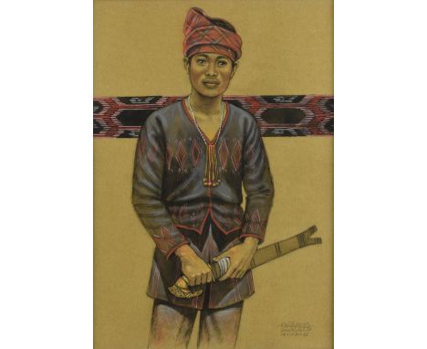 Early 21st century portrait of a Philippino man in traditional costume and holding a sword, indistinctly signed and dated '04