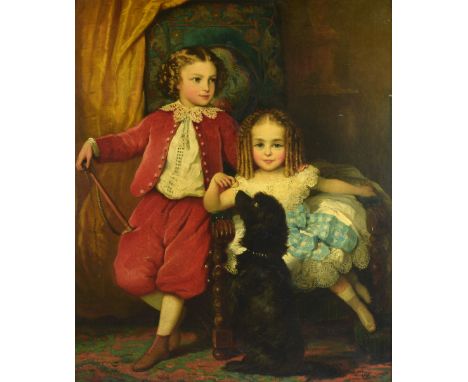 Albert Johann Ludovici (1820-1894). Portrait of Two Children, a boy and a girl, with a Spaniel, in an elegant interior. Belie