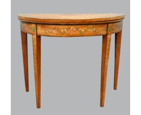 19th century satinwood and floral painted fold over demi-lune card table on square tapering supports, 73cm x 91cm x 45.5cm,PR