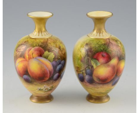 Pair Royal Worcester ovoid vases painted with fruit by T Lockyear, shape No. 302 date mark for 1930 13.5cm.    1 vase with re