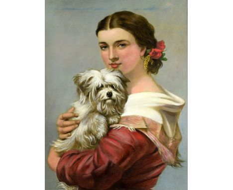 After James John Hill, portrait of a girl with a terrier, print with colour, 58cm x 43cm .    