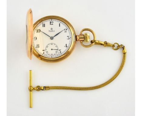 Roidor half hunter pocket watch, white enamel dial with Arabic numerals and subsidiary dial, with Roidor 17 jewels mechanical