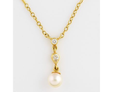 Pearl and diamond necklace, rub over set round brilliant cut diamond, followed by a pear cut diamond and white round pearl dr