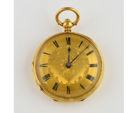 Victorian gold open faced pocket watch, gilt dial with Roman numerals, engraved 18 ct gold case, hallmarked London 1866, mech